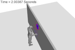 Grey figure stands next to grey wall with red and blue dots.